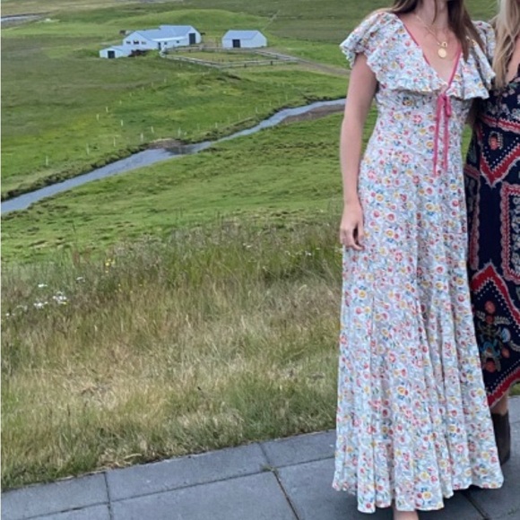 Doen Audette Cotton Ruffle Bow Ribbon Floral V Neck Maxi Dress Sunrise Blooms - Picture 10 of 16